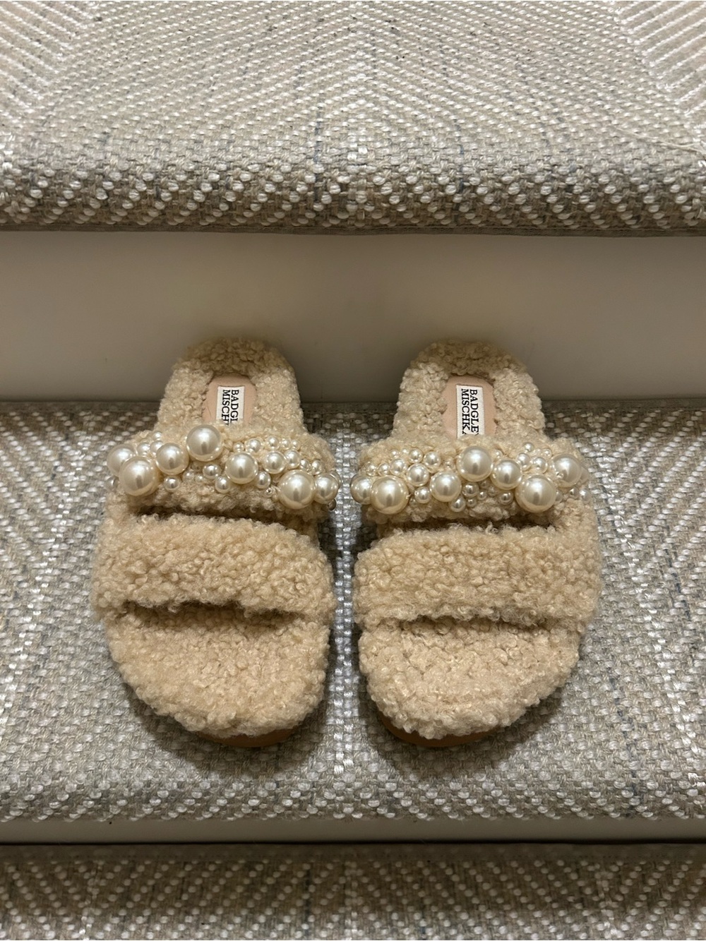 Badgley Mischka Tan-Beige Faux Shearling Slide Sandals